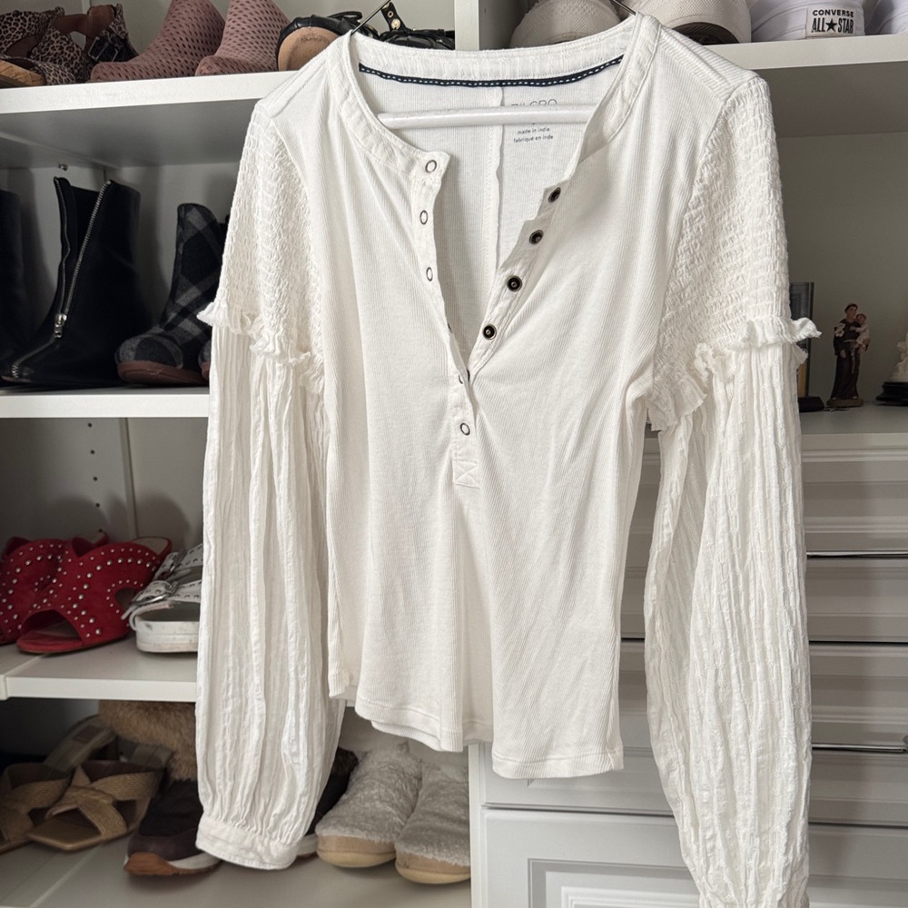 Anthropologie White Button-Up Top with Textured Sleeves